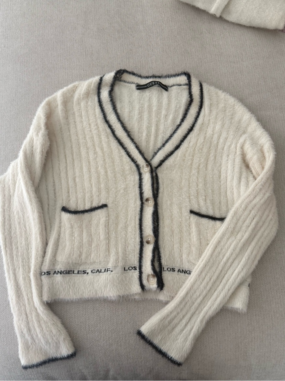 Guess Cream V-Neck Cropped Cardigan with Black Trim Detail Preppy